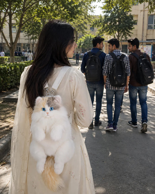 Super Realistic Plush Cat Backpack – Cute Aur Functional Travel Bag